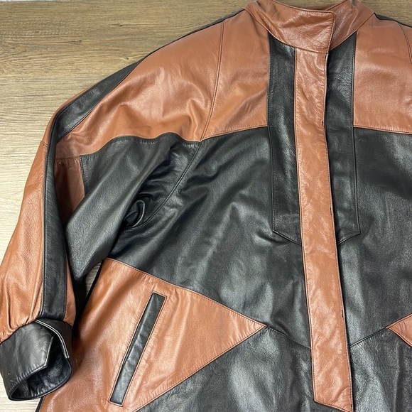 Vintage ROAMAN'S 80s PATCHWORK Brown Black Leather Jacket A line, size Medium - Picture 7 of 12